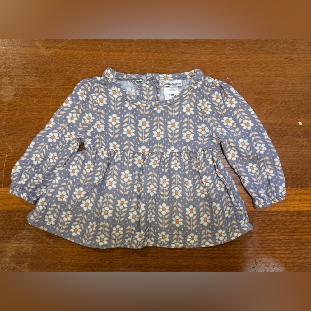 Daisy Fuentes Floral Blue Gray and White Floral Daisy Double Gauze Shirt 12 mo